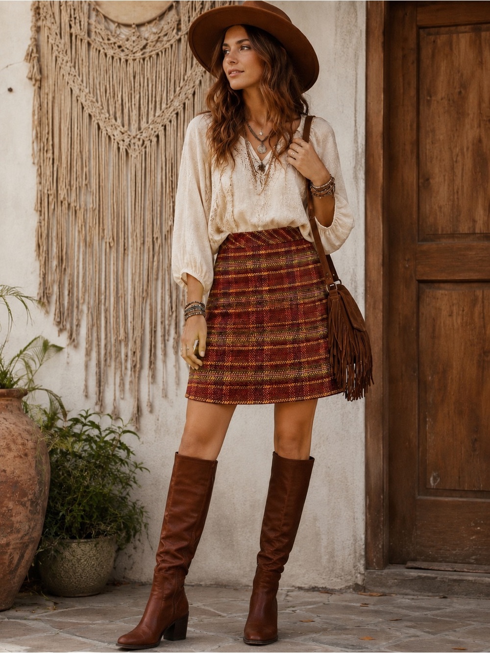 Plaid Wool Blend Autumn Lined Knee Length Skirt